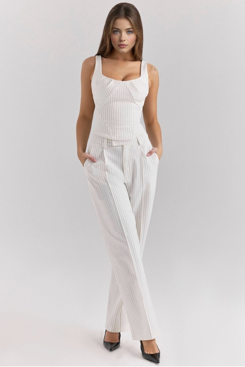 White Pinstripe High Waist Tailored Trousers