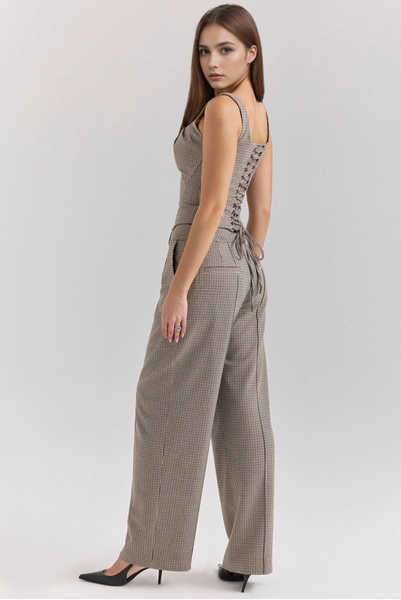 Brown Puppytooth Wide Leg High Waist Tailored Trousers