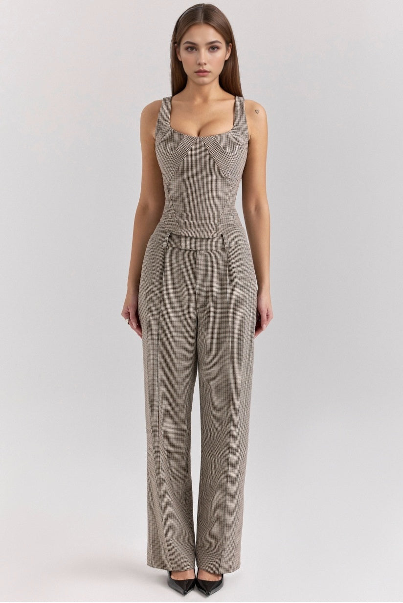 Brown Puppytooth Wide Leg High Waist Tailored Trousers