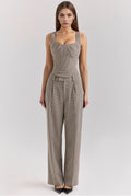 Brown Puppytooth Wide Leg High Waist Tailored Trousers