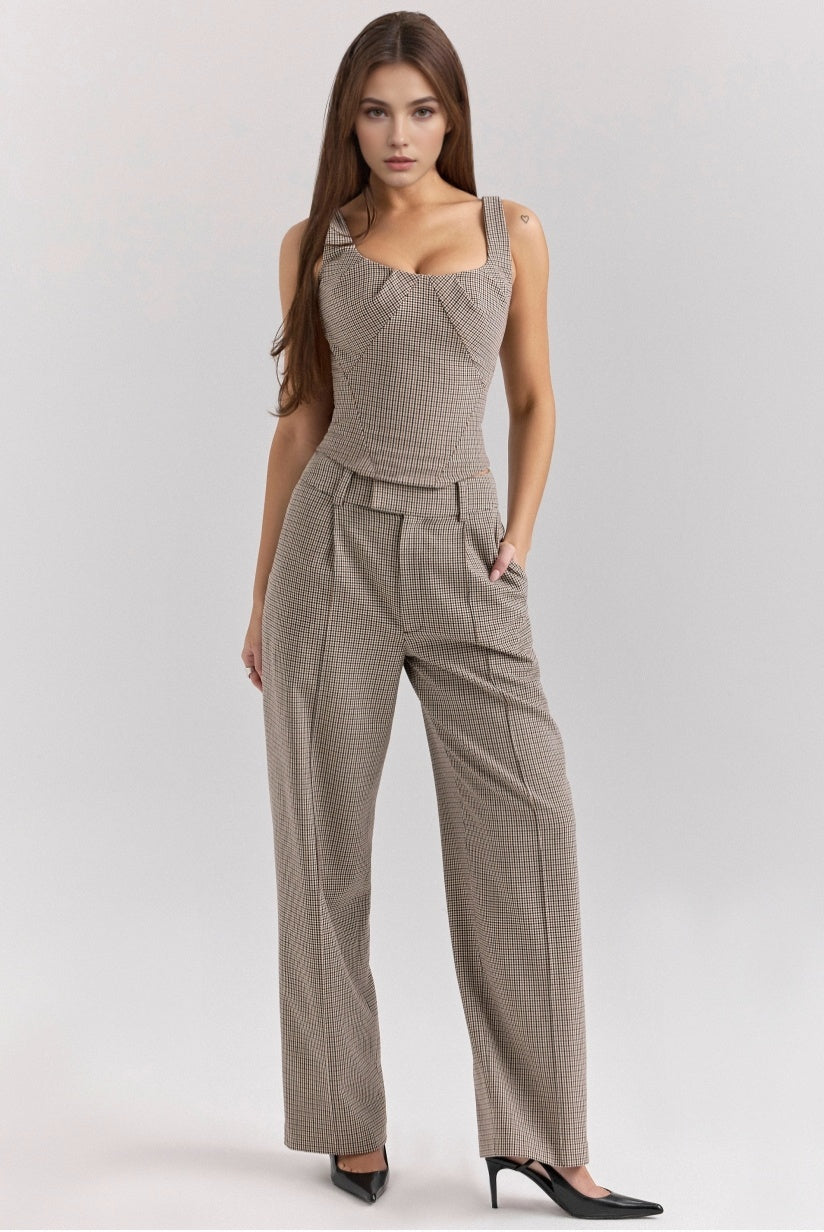 Brown Puppytooth Wide Leg High Waist Tailored Trousers