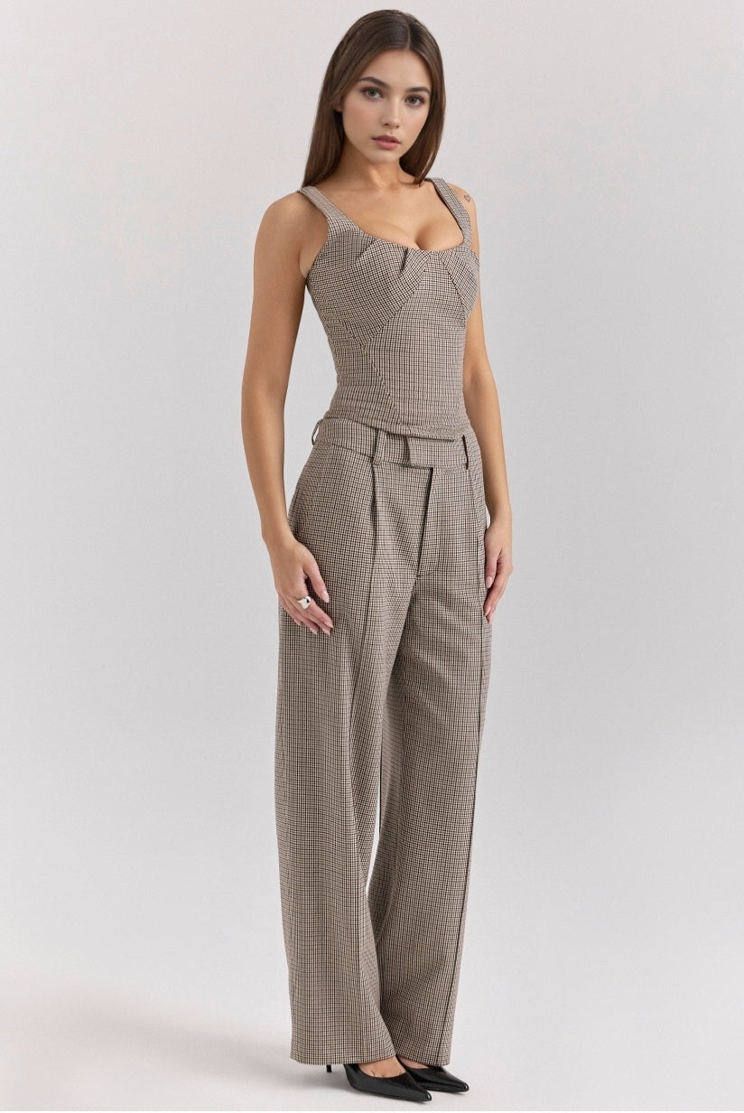 Brown Puppytooth Wide Leg High Waist Tailored Trousers