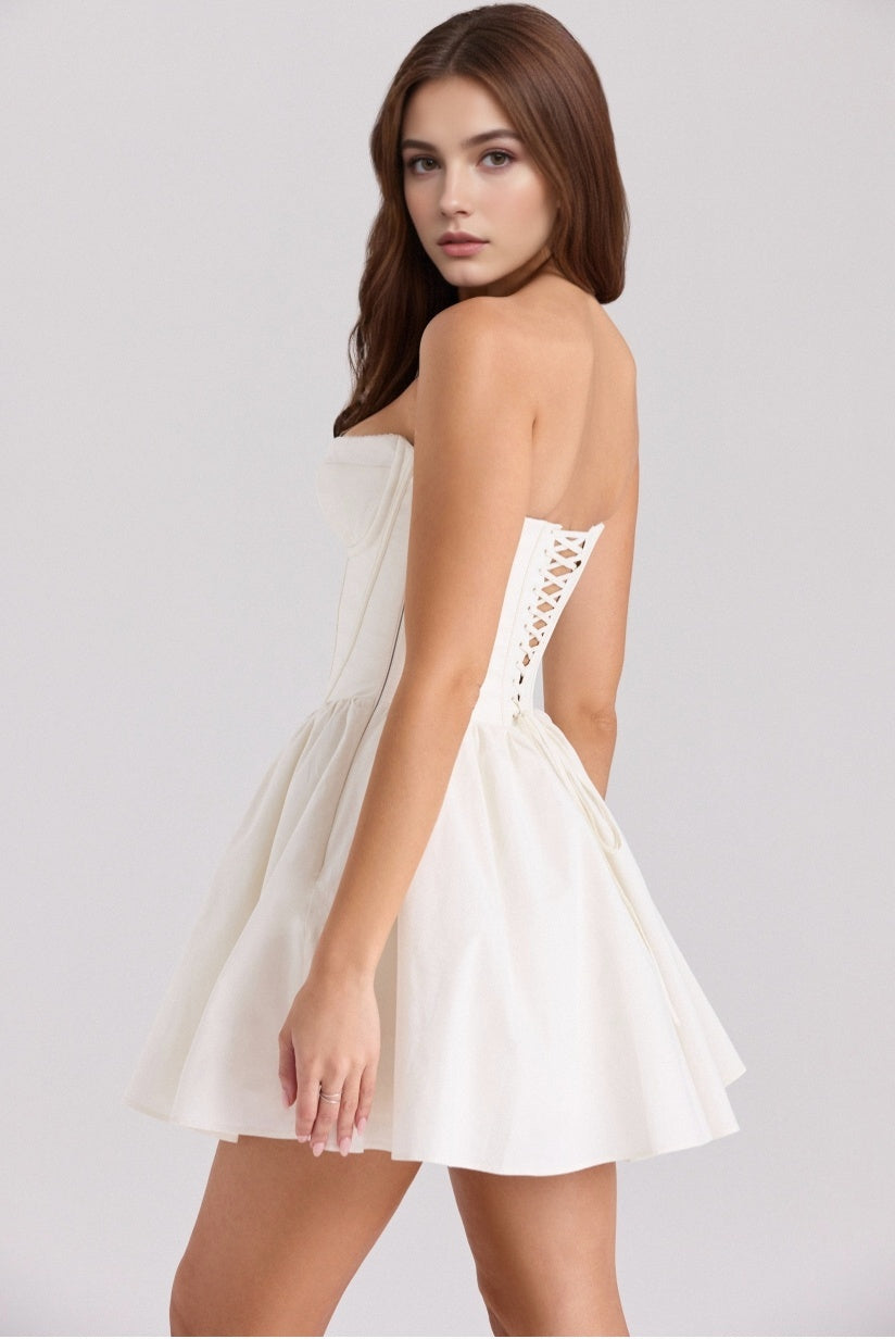 Ivory Cotton Strapless Corset Mini Dress