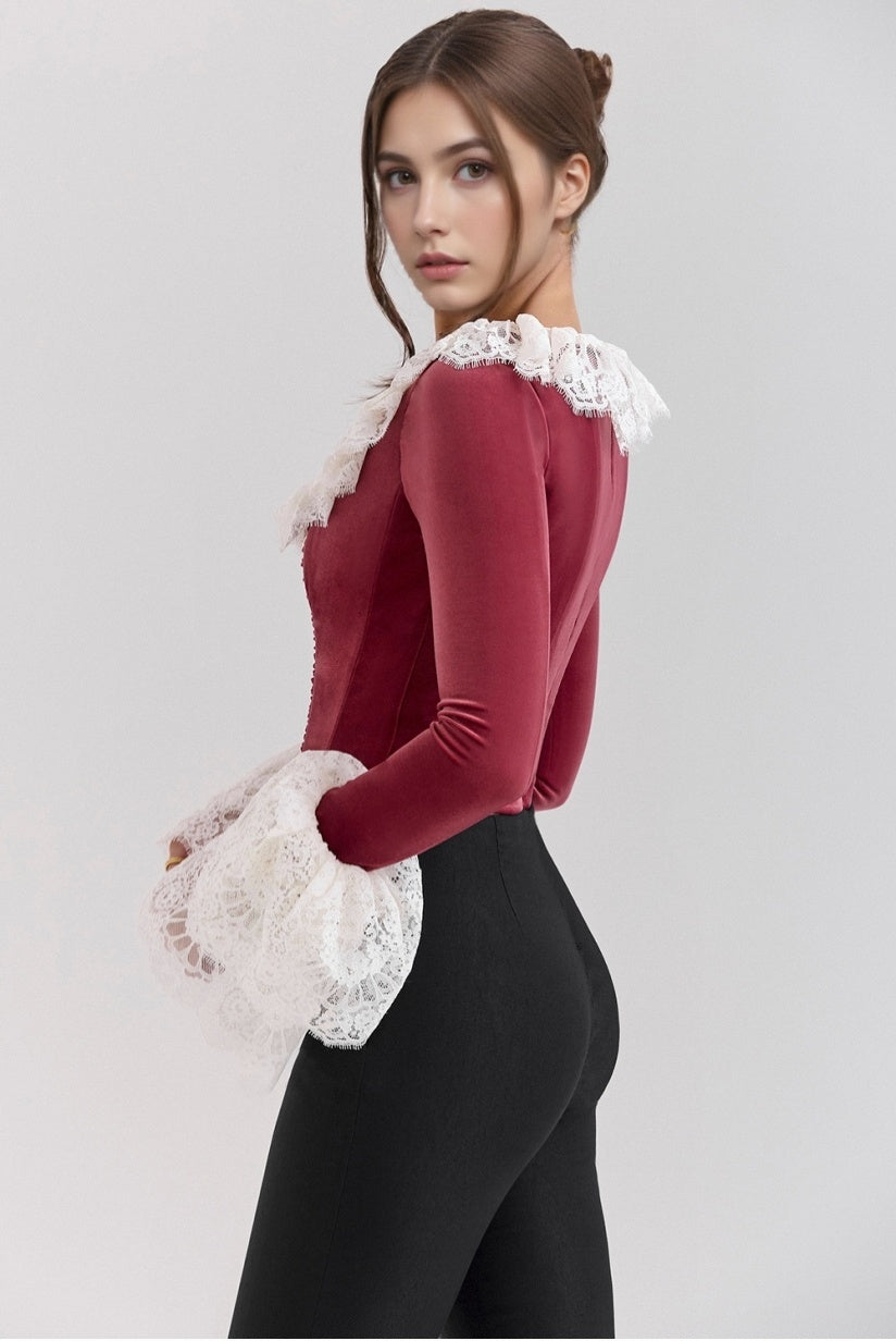Cabernet Velvet Lace Trimmed Corset Top