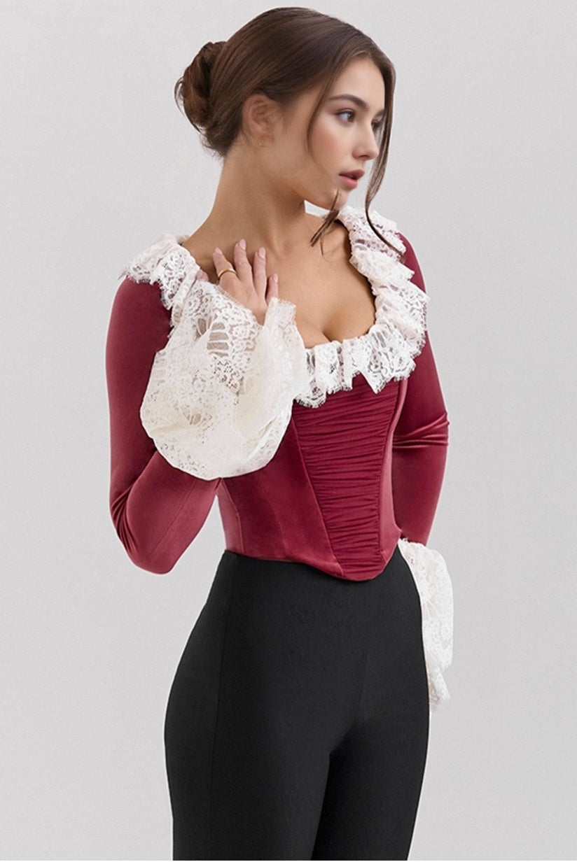Cabernet Velvet Lace Trimmed Corset Top
