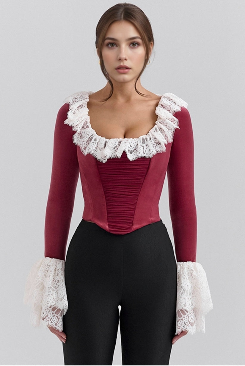 Cabernet Velvet Lace Trimmed Corset Top