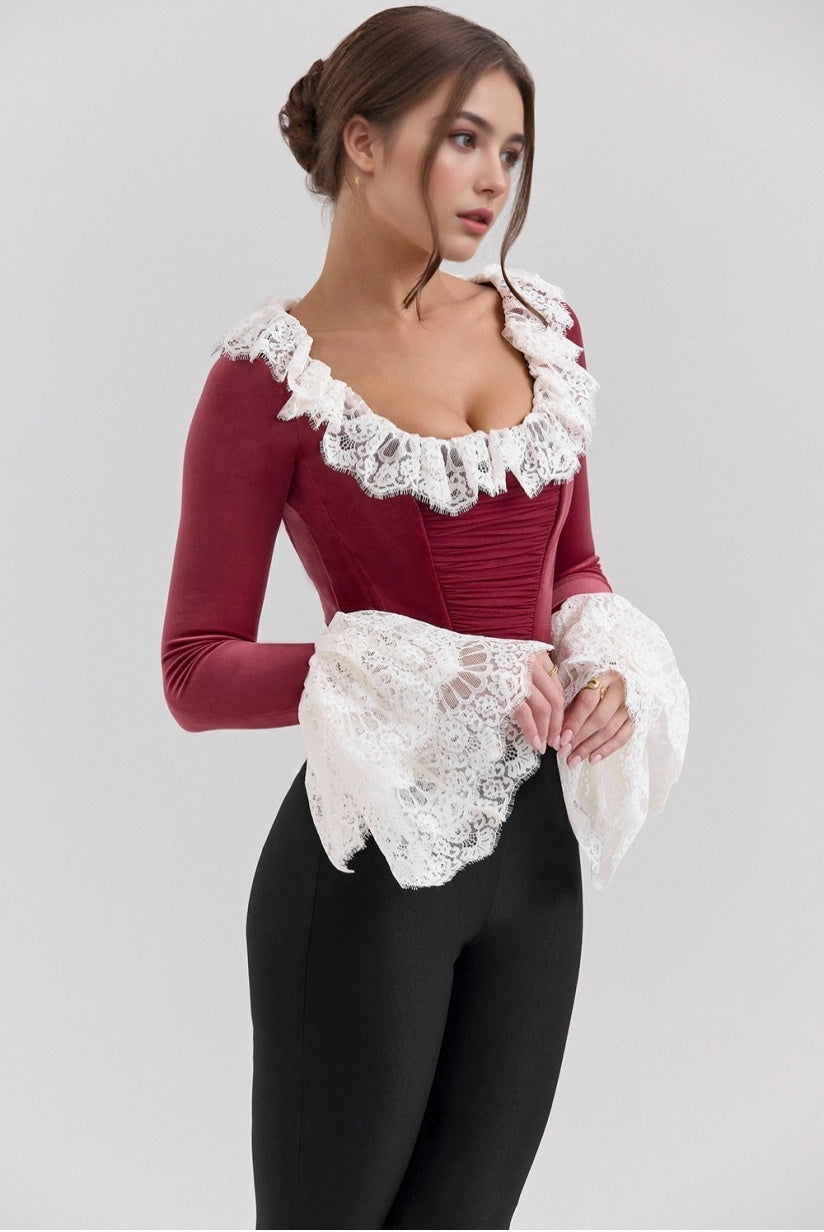 Cabernet Velvet Lace Trimmed Corset Top