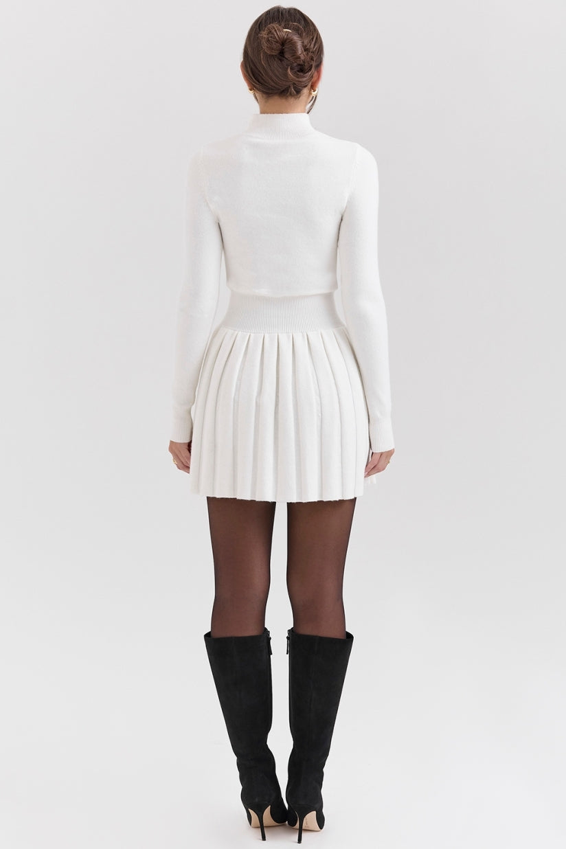 White Cashmere Blend Pleated Skated Mini Dress