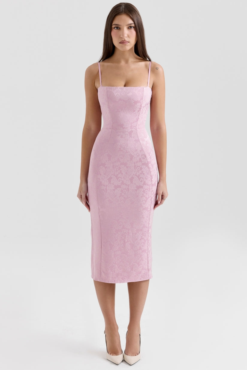 Pink Jacquard Lace Up Bodycon Midi Dress
