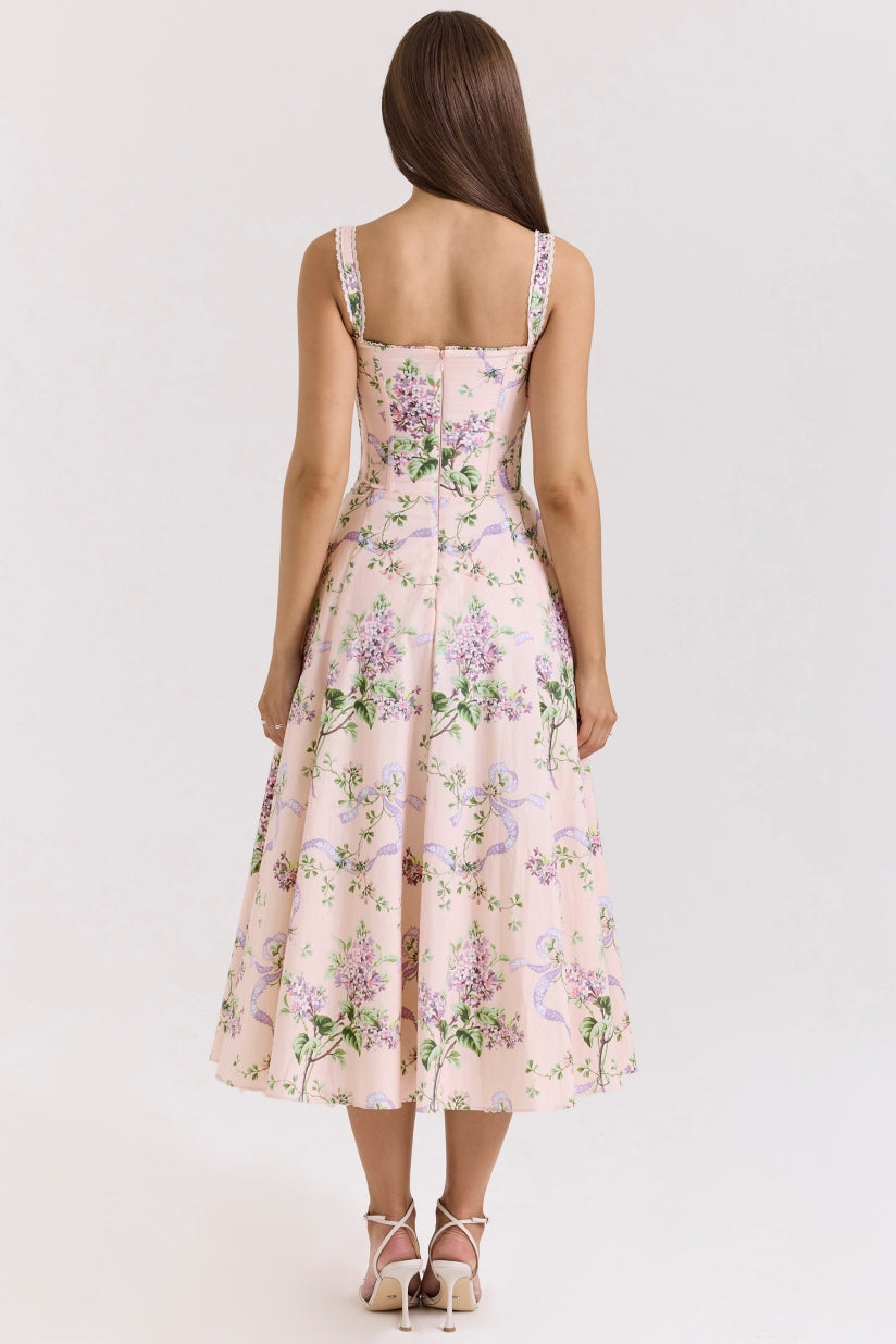 Pink Floral Corset Midi Dress