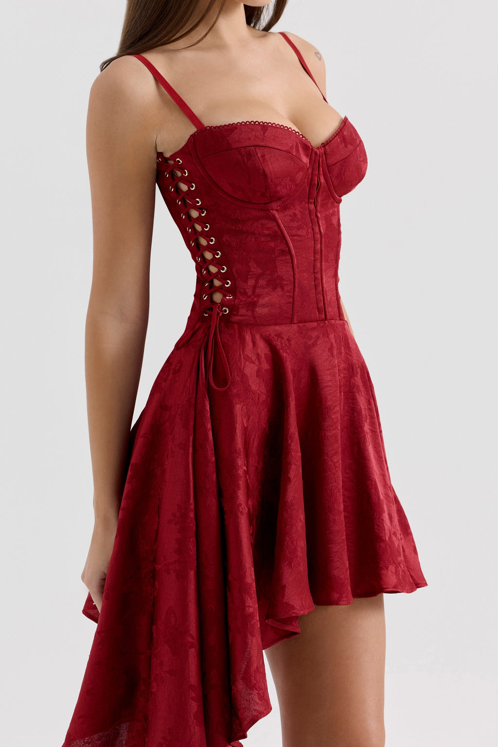 Wine Jacquard Satin Draped Mini Dress