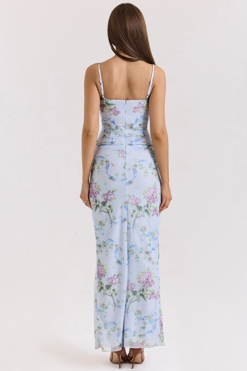 Blue Floral Print Mesh Maxi Dress
