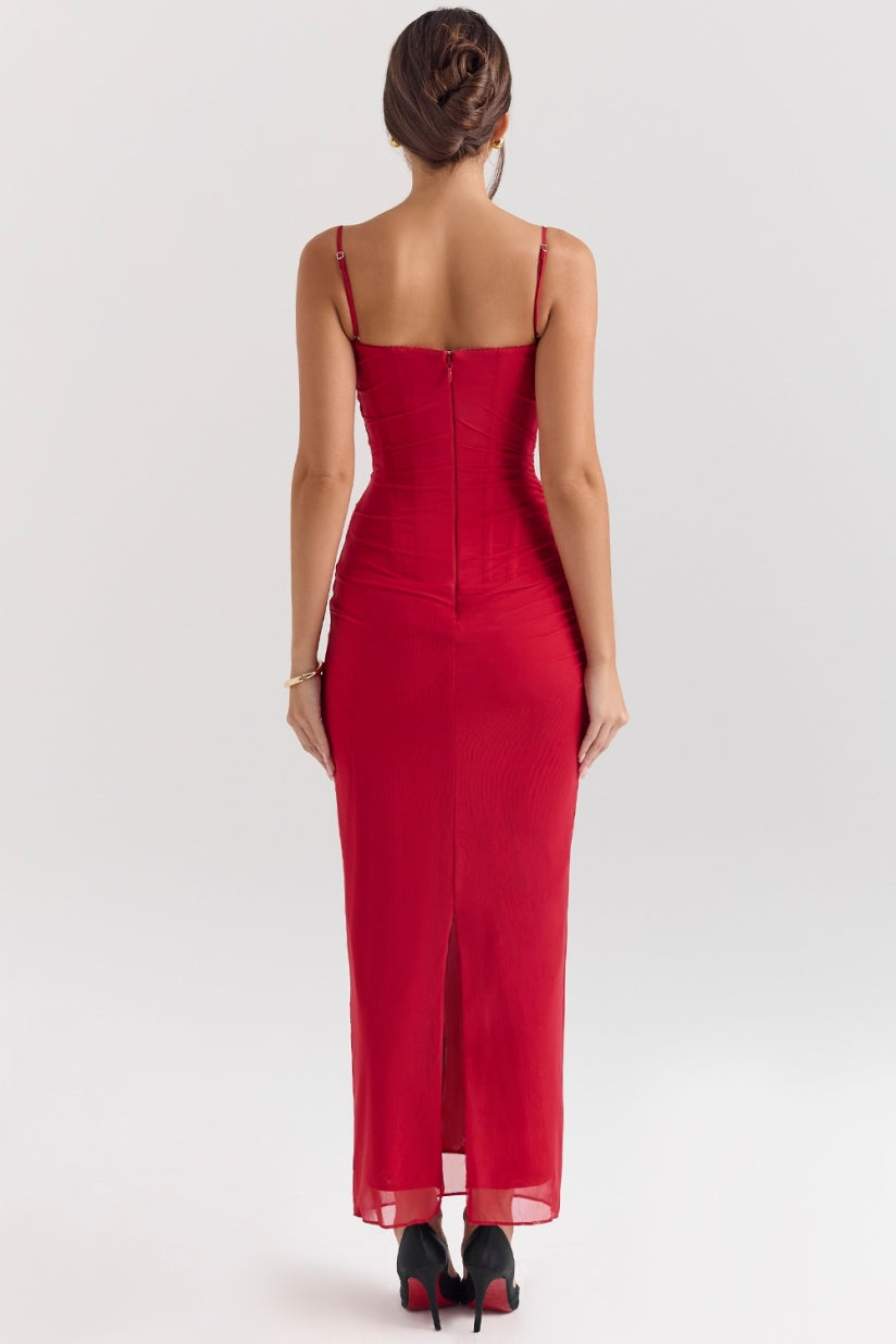 Holly Red Mesh Corset Maxi Dress