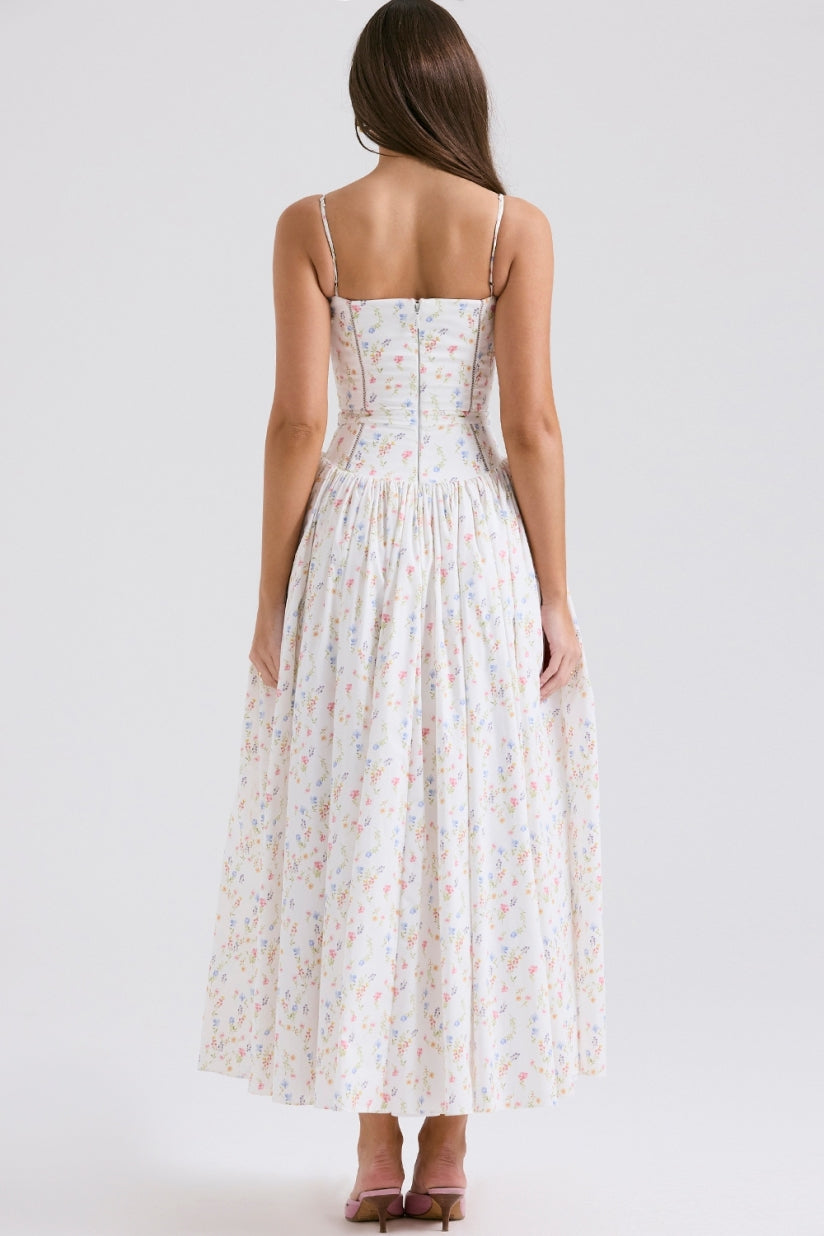 White Posy Print Cotton Maxi Sundress