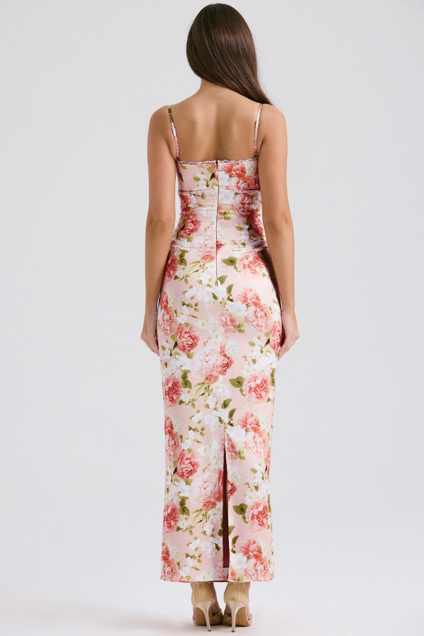 Pink Peony Print Satin Maxi Dress