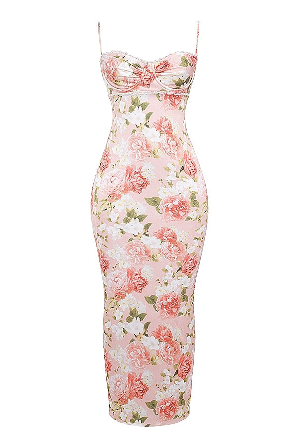 Pink Peony Print Satin Maxi Dress