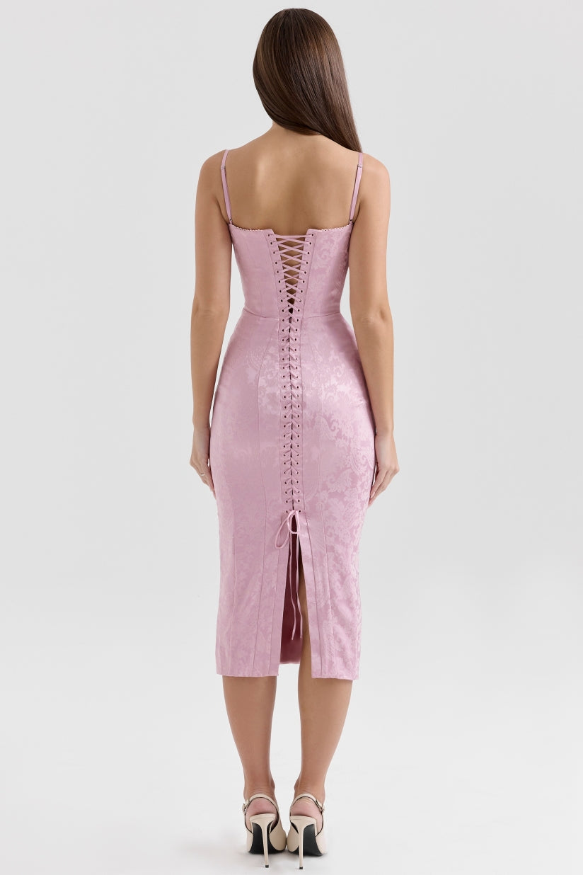 Pink Jacquard Lace Up Bodycon Midi Dress