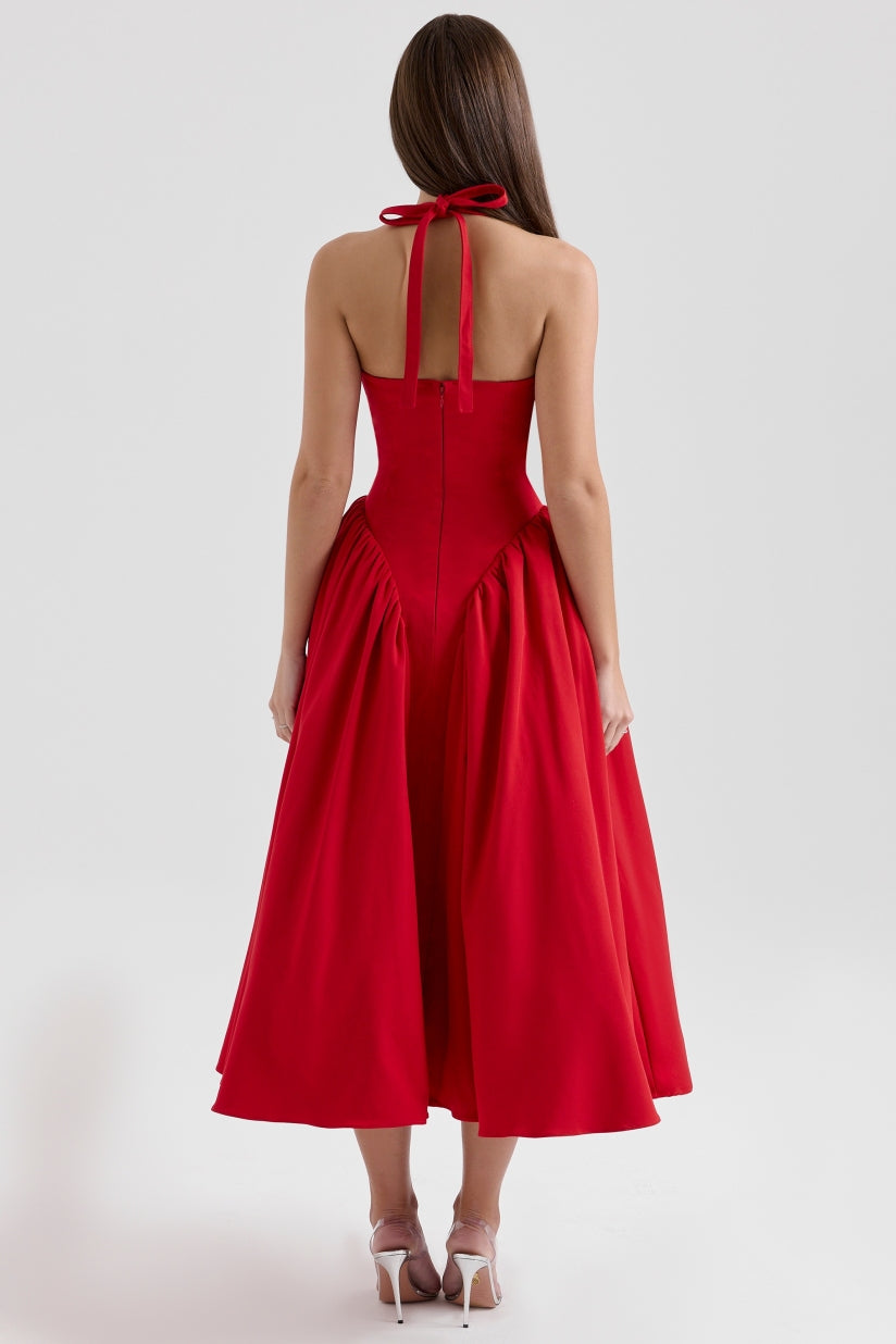 Red Twill Halter Midi Dress