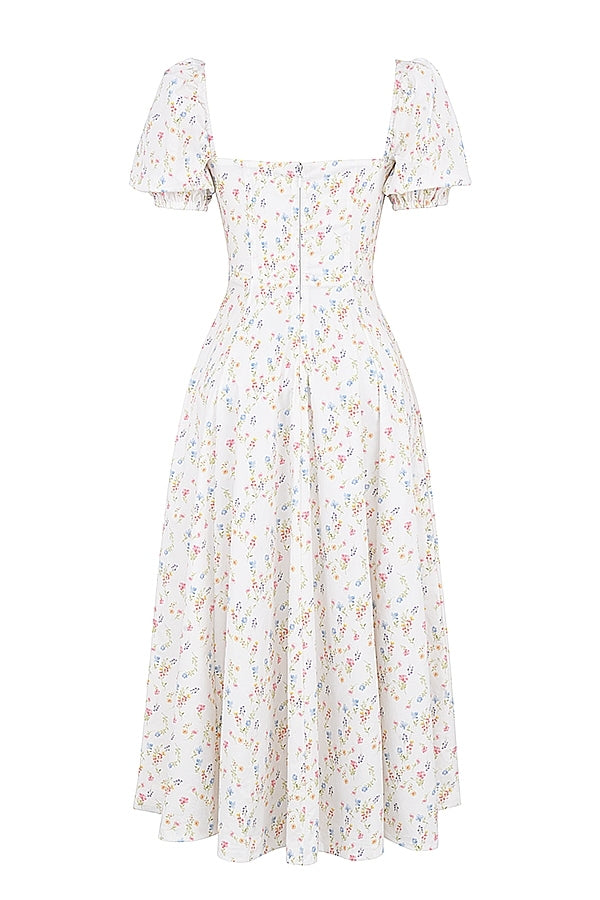 White Posy Print Cotton Puff Sleeve Midi Sundress