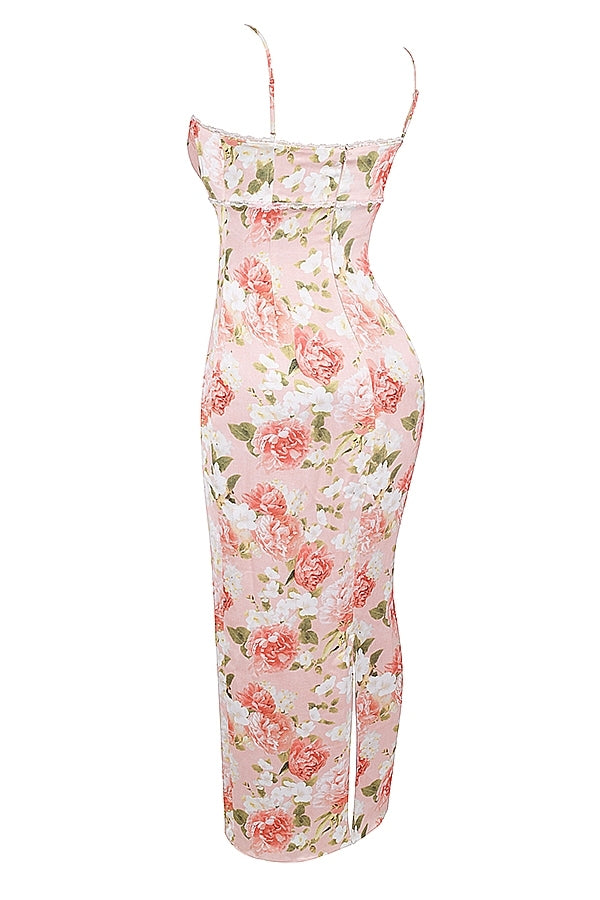 Pink Peony Print Satin Maxi Dress
