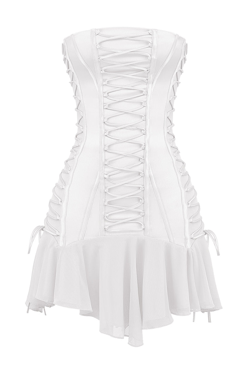 White Strapless Lace Up Mini Dress