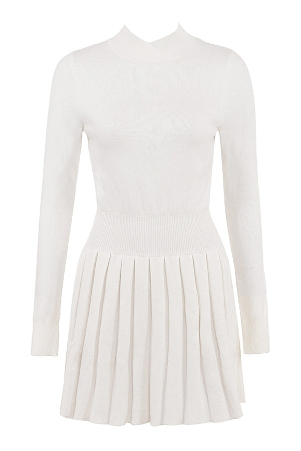 White Cashmere Blend Pleated Skated Mini Dress