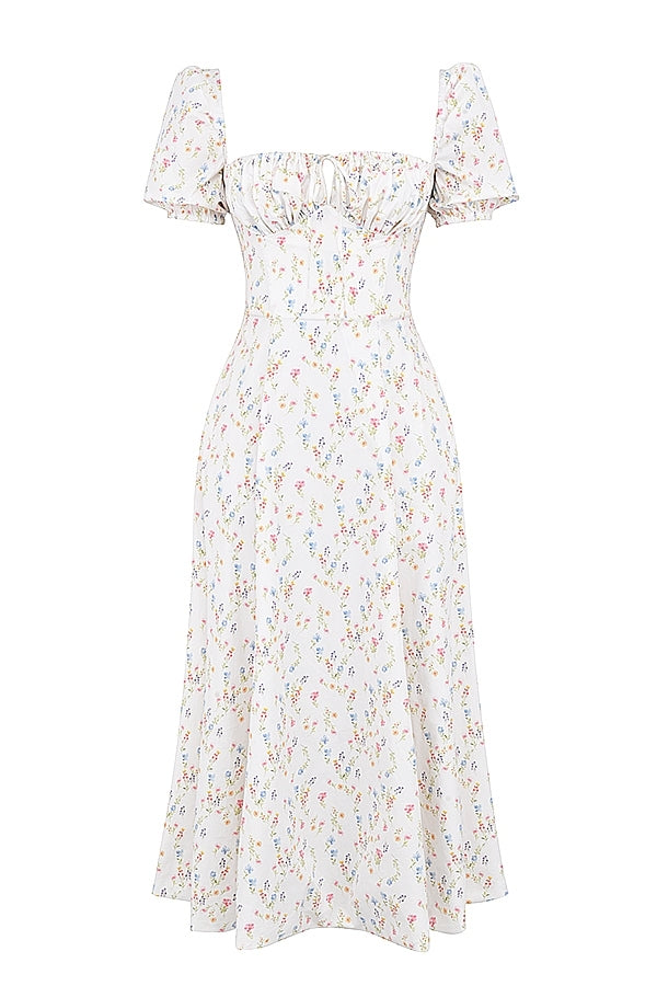 White Posy Print Cotton Puff Sleeve Midi Sundress