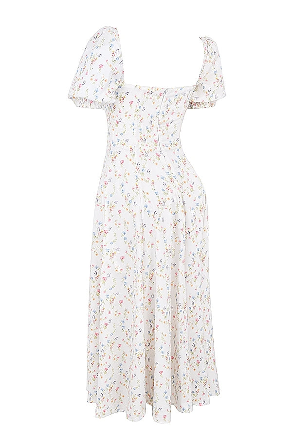 White Posy Print Cotton Puff Sleeve Midi Sundress